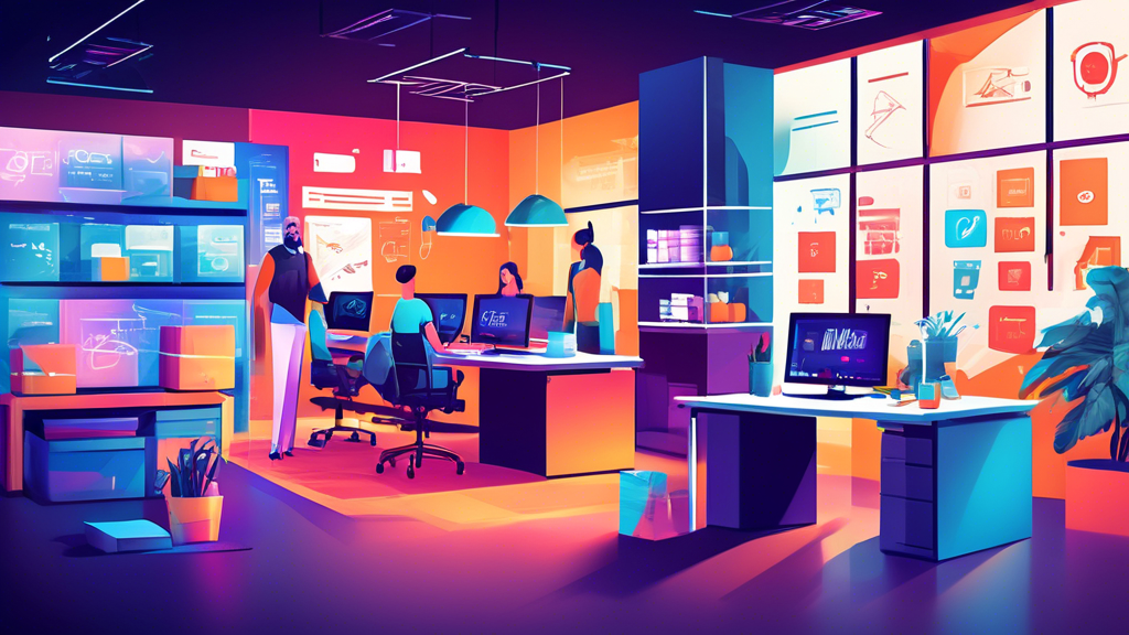 Create an image depicting a modern e-commerce development agency office. Inside, a diverse team of developers and designers collaborates on a large touch-screen table with blueprints of online stores. Around them are various digital elements like shopping carts, mobile app icons, and analytics charts. Include vibrant colors and sleek furniture to reflect a dynamic, innovative environment.