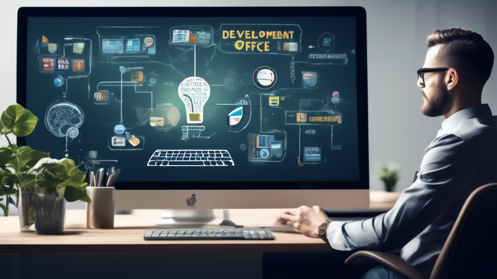 Create an image that depicts a business owner thoughtfully selecting from various website development packages displayed on a digital screen. The packages should be visually distinct and labeled with different features and prices, such as Basic, Standard, and Premium. Include elements like a sleek modern office environment, a laptop on the desk, and a light bulb or gears above the business owner's head to represent decision-making and strategic planning.