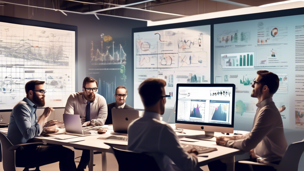 An office setting with business professionals discussing website design options with a team of website developers. The developers are showcasing creative design mockups on a large screen, and there are charts and graphs on the wall displaying project timelines and budgets. In the background, you can see a modern workspace with computers, coding books, and creative sketches. The atmosphere is collaborative and professional, indicating a productive meeting between a business owner and a website development agency.