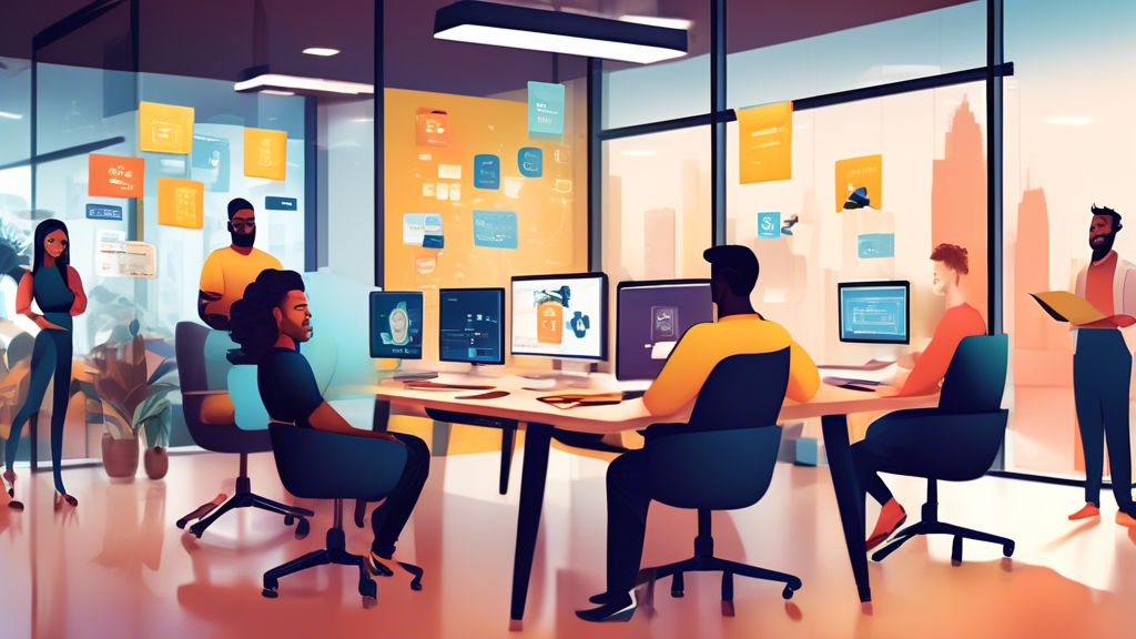 Create an image showcasing a professional team of diverse web and app developers collaborating at a modern office. The scene should include elements such as computer screens displaying code and design prototypes, brainstorming sessions with sticky notes on glass walls, and a welcoming atmosphere. The background should subtly incorporate logos and icons representing successful businesses and apps, emphasizing the importance of choosing the right development company for business growth and innovation.