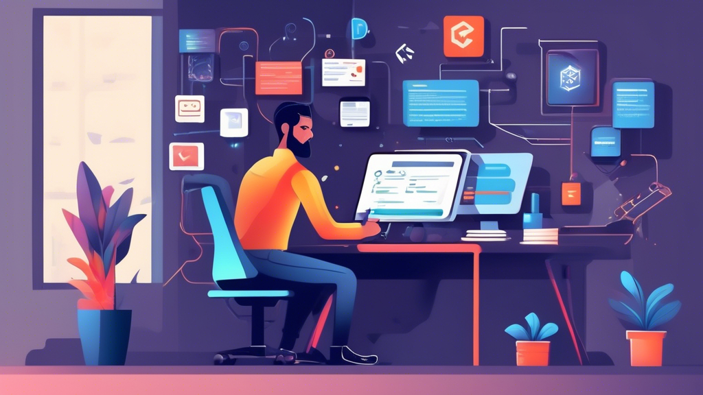 Create an image that showcases an aspiring web application developer at work. The scene should be a modern and creative workspace with a desk, computer, and coding books. The developer should be surrounded by visual elements representing essential skills: coding symbols like HTML, CSS, and JavaScript, icons of popular frameworks like React and Angular, as well as tools like Git and a database symbol. Include sticky notes with words like Problem Solving, UI/UX Design, Team Collaboration, and Critical Thinking. The overall atmosphere should be inspiring and motivational, emphasizing growth and learning.