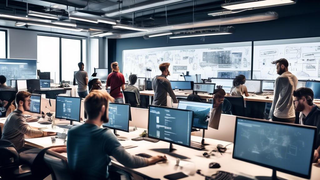 Create an image of a diverse group of aspiring webpage developers working together in a modern, open-plan office. The developers are surrounded by large monitors displaying code, design elements, and web pages in various stages of development. On a whiteboard in the background, key skills like HTML, CSS, JavaScript, Responsive Design, Version Control, and Problem-Solving are highlighted. The scene is energetic and collaborative, emphasizing learning and innovation.