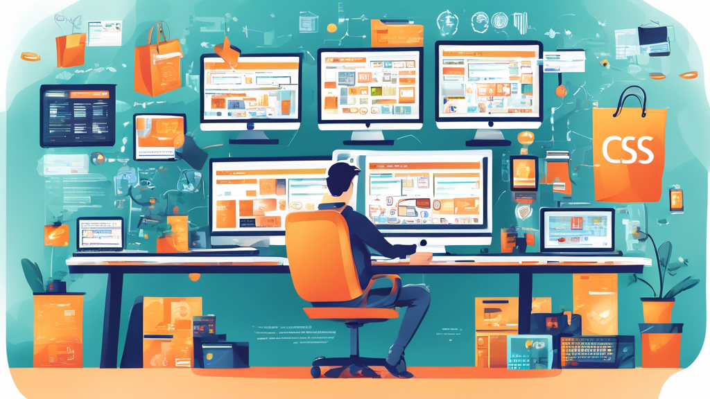 Create a detailed digital illustration depicting a busy and dynamic workspace of a successful E Commerce web developer. The scene should include multiple monitors displaying various coding languages, e-commerce platforms, and website analytics. Surrounding the developer, display icons and symbols representing essential skills like coding (HTML, CSS, JavaScript), user experience design, SEO, mobile responsiveness, and cybersecurity. Include elements that suggest a collaborative and innovative atmosphere, such as sticky notes with ideas, design prototypes, and a well-organized desk with a cup of coffee.