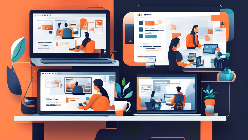 Create an image depicting a modern, sleek workspace where web developers are collaborating on designing a website using HubSpot. The scene includes multiple screens displaying various stages of website development, including coding, marketing tools, and design elements. Incorporate HubSpot's recognizable logo and interface elements to clearly indicate the platform being used. The atmosphere should be dynamic and creative, emphasizing teamwork and innovation.