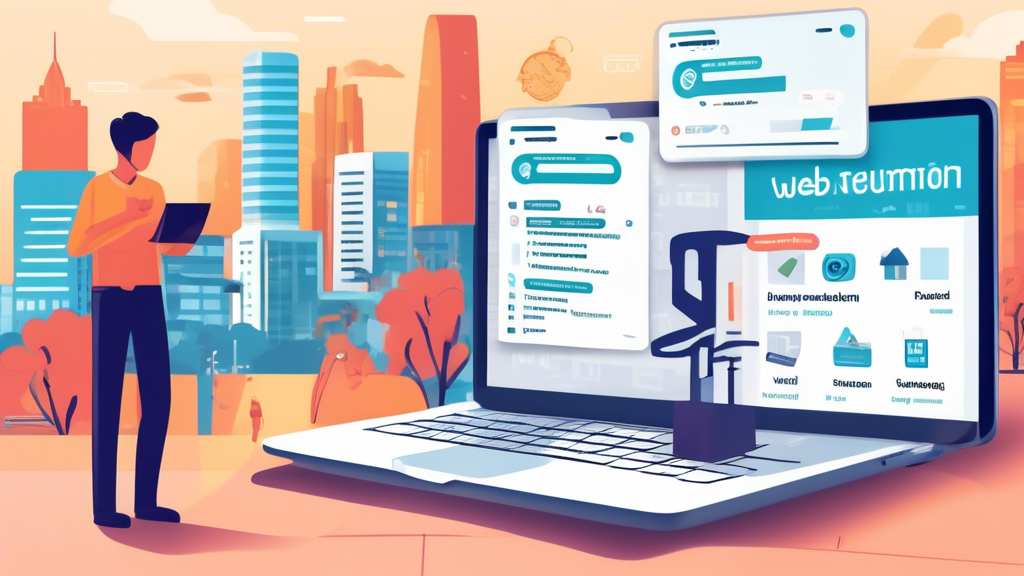 Create a digital illustration depicting a person using a laptop and smartphone while looking for local web development services. The screen shows search results and highlighted trusted web development companies nearby. The background features urban scenery, indicating the person is in a modern city. Include icons and symbols representing technology, trust, and professionalism, such as checkmarks, coding symbols, and a location pin.