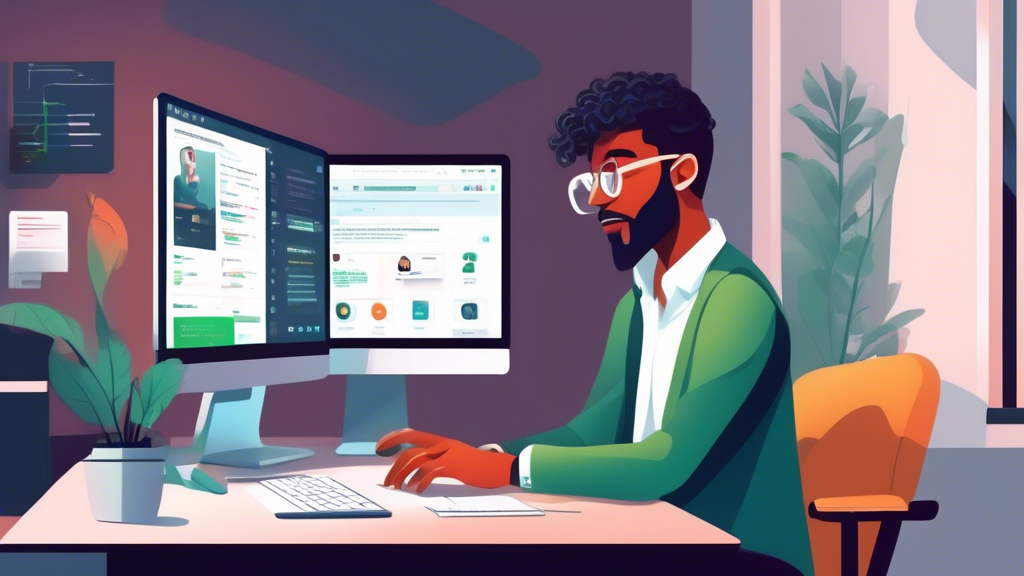 Create an illustration of a business professional sitting at a desk, intensely focused on a laptop screen with the Fiverr website open. The scene should include a list of software developers with their profiles and ratings prominently displayed. The background should show a modern office setup with elements that hint at software development such as code snippets on a whiteboard, books on programming languages, and a mug of coffee. The atmosphere should be professional and dynamic, emphasizing the process of finding the perfect developer for a project.