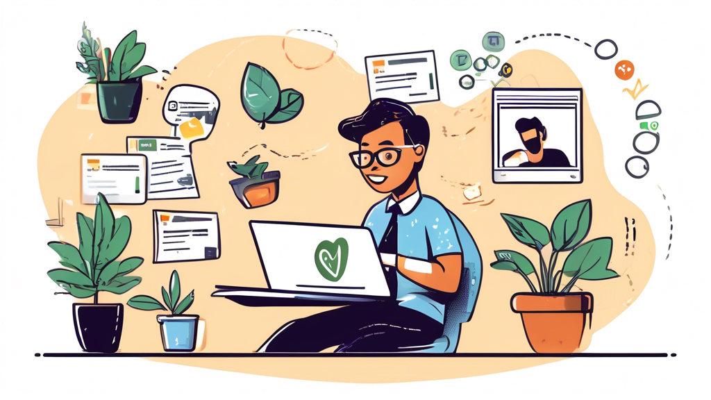 Create an illustration of a business person excitedly reviewing profiles of website developers on a laptop screen, with badges and ratings visible. The background features elements of a cozy and productive workspace, such as a coffee mug, a plant, and a notebook with 'Website Development' written on it. The overall scene should convey a positive and professional atmosphere.