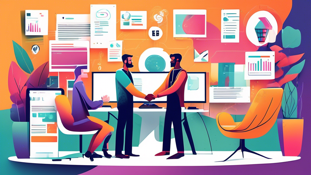 Illustration of a business owner shaking hands with a web design and development agency representative, surrounded by elements such as computers with website wireframes, color palettes, tools, and creative sketches. The background includes a modern office setting with a collaborative team, celebrating the successful selection of a web design and development agency tailored to the business needs.