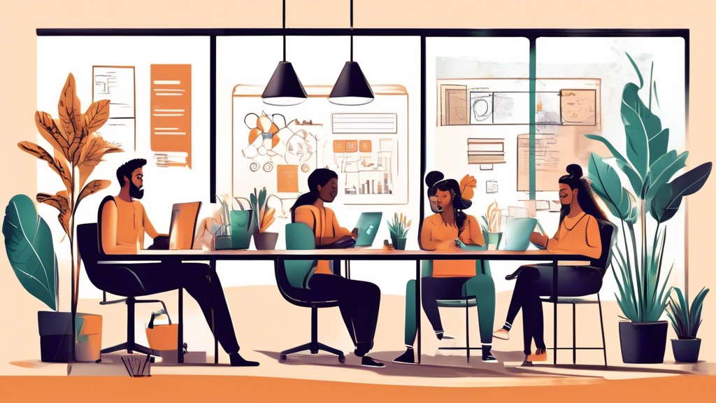 Create an illustration of a diverse team of website developers working together at a modern office. The team members should be shown collaborating, with one person sketching on a whiteboard, another coding on a laptop, and another discussing a project on a tablet. Include elements like coffee mugs, notebooks, and a modern office setting with big windows and plants. The atmosphere should be energetic and productive, reflecting the professionalism and creativity needed to find the perfect website developer.