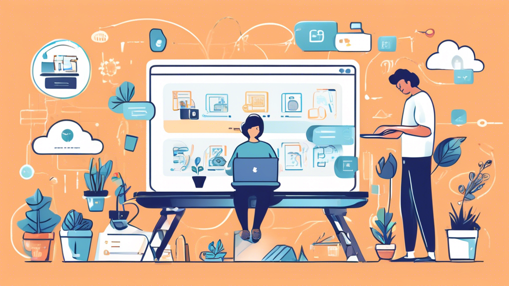 Create an illustration of a person building an ecommerce website on a laptop, surrounded by floating icons representing different steps such as 'choosing a domain name,' 'designing the layout,' 'adding products,' 'setting up payments,' 'ensuring security,' and 'launching the site.' The background should resemble a cozy home office filled with modern tech gadgets, inspirational posters, and plants.