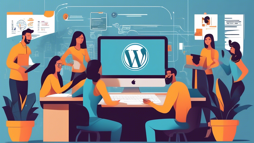 Create an image showcasing a professional team working on WordPress development. The scene should include a modern office setting with diverse developers collaborating on computers displaying WordPress dashboards. Add elements like brainstorming notes, coding screens, and design sketches. Highlight the themes of teamwork, expertise, and innovation. Include visual indicators of benefits such as increased website performance, enhanced security, and customized design.