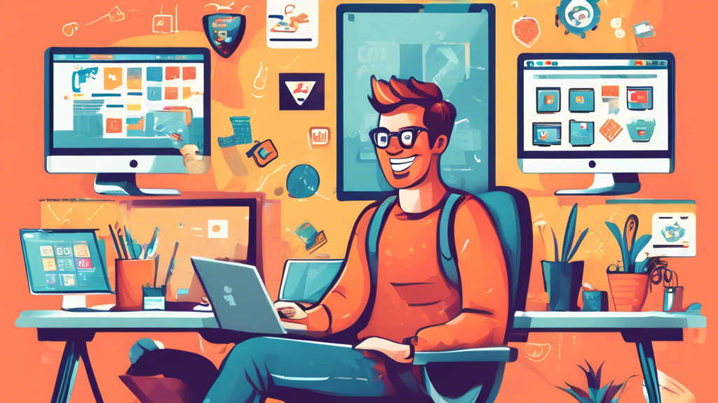 Create an illustration of a cheerful web developer sitting in front of multiple computer screens displaying various website design elements. Surround the developer with icons representing cost-saving tips, such as a piggy bank, DIY tools, open-source software logos, and a checklist. The background should be a cozy home office environment, giving a sense of budget-friendly, DIY website development.