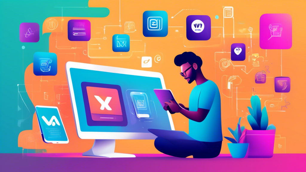 A modern, vibrant illustration of a person using a tablet and smartphone to design a sleek website. The background showcases various website building app icons like Wix, Squarespace, and WordPress, with creative UI/UX elements, drag-and-drop features, and customizable templates. The overall theme is innovation, simplicity, and accessibility in website creation.