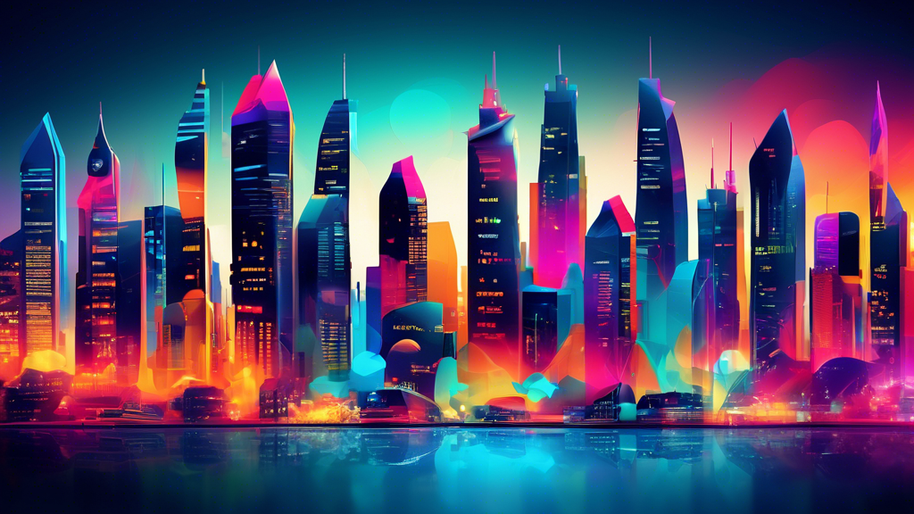 Create an image of a vibrant, eye-catching website being crafted by imaginative designers and developers. Include a dynamic color palette, innovative design elements, and futuristic tools to show creativity and innovation. The background should subtly feature a city skyline symbolizing a competitive digital landscape. Highlight the unique features and interactive elements that make the website stand out in the crowd.