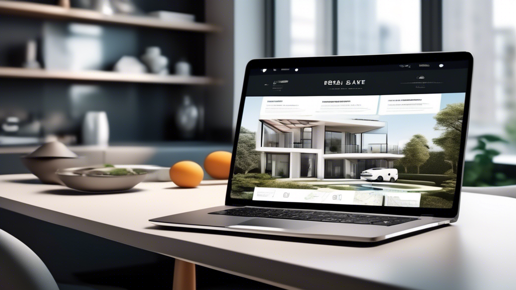 Create an image showcasing a futuristic and sleek real estate website interface displayed on a modern laptop. The website features interactive 3D property models, an intuitive user interface, and vibrant visuals representing urban and suburban homes. Include elements like search bars, property listings, and virtual tours, all designed with cutting-edge technology aesthetics. The background should subtly hint at a professional workspace with design sketches and tech gadgets scattered around.