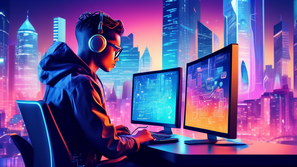 A vibrant and modern digital illustration of a young professional at a sleek computer, immersed in coding for web and app development. On one side, the background shows a futuristic cityscape symbolizing technological innovation, with connected buildings and bustling people. The other side features various career path signs, each labeled with roles like 'Frontend Developer,' 'Backend Developer,' 'Mobile App Developer,' 'Full Stack Developer,' and 'UX/UI Designer,' giving a visual journey through different career opportunities in web and app development.