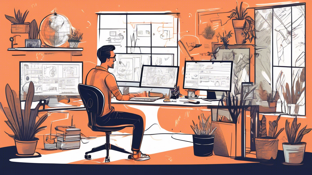 Create an illustration of a freelance web developer sitting at a desk in a cozy home office, surrounded by multiple computer screens displaying various stages of website building. Include visual elements like design sketches, coding lines, and user interface drafts on the screens. The office should have personal touches like plants, books, and motivational posters on the wall. The developer looks focused and enthusiastic, capturing the essence of creativity and dedication in their craft.