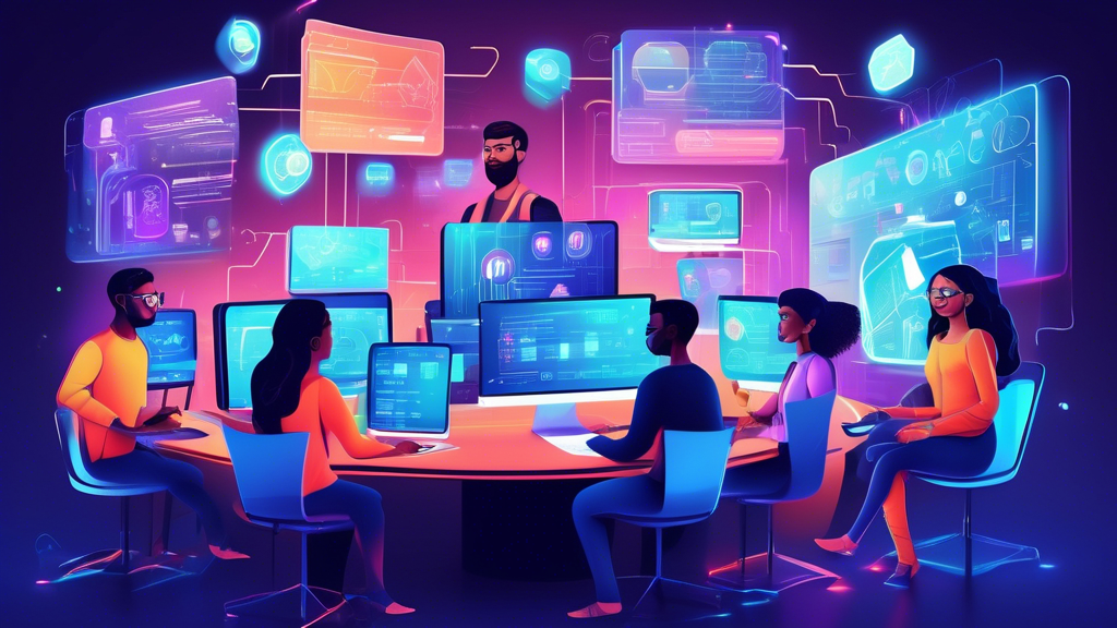 Create an illustration of a futuristic digital marketplace bustling with activity, featuring diverse web developers of various ethnicities working on holographic screens. Each developer is depicted within a lens representing a top freelance platform, such as Upwork, Fiverr, Toptal, or Freelancer. Highlight elements that reflect cutting-edge technology, collaboration, and global connectivity. The background should display a cityscape blending nature and technology, symbolizing the evolution of freelance work environments.