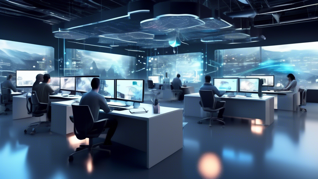 Create an image of a futuristic digital landscape featuring diverse teams of web designers and developers collaborating in a high-tech workspace. The scene should showcase advanced computers, holographic screens displaying snippets of websites, and a variety of design tools. Incorporate elements that represent innovation, such as robotic assistants and cutting-edge technology, emphasizing a diverse and dynamic environment. The overall atmosphere should convey creativity, collaboration, and expertise in website development.